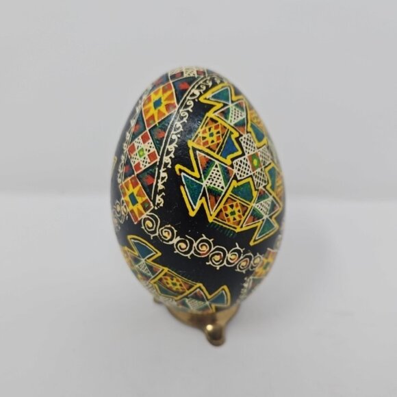 Vintage Ukrainian Pysanky Pysanka Hand Painted Goose Egg w/Stand Geometric Black - Picture 2 of 5